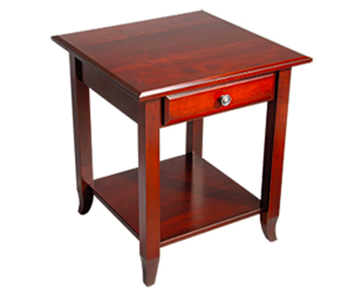 Cherry end table with a single drawer, nickel knob, lower display shelf and flared tapered legs on a white background