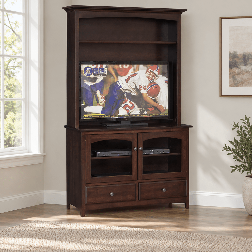 Amish Manchester 46" TV Stand with Hutch shown in the living room of a transitional home