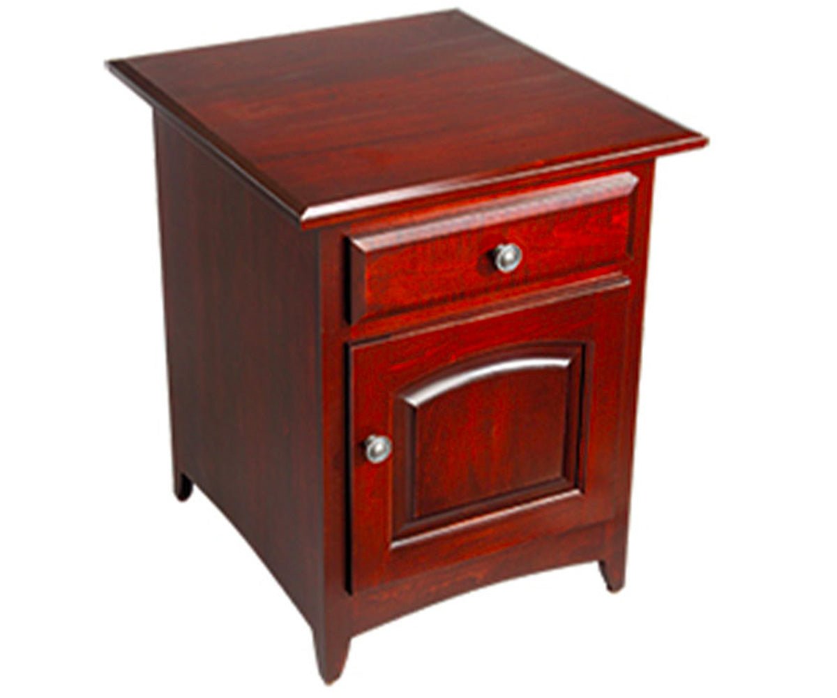 Cherry end table with a drawer over an arched panel door and nickel knobs, standing on short flared legs