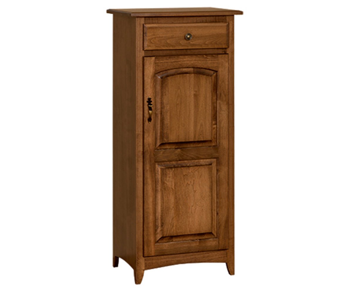 Medium oak jelly cupboard with one drawer over a tall two panel door with black hardware, on a white background