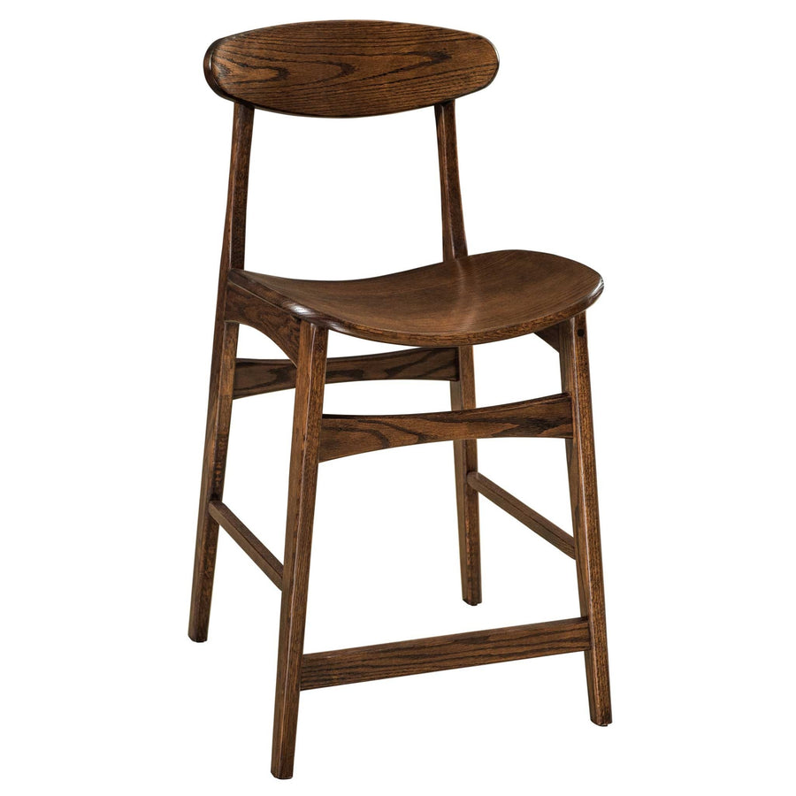Walnut-finished bar stool with a rounded back rest, curved saddle seat and splayed legs with footrests