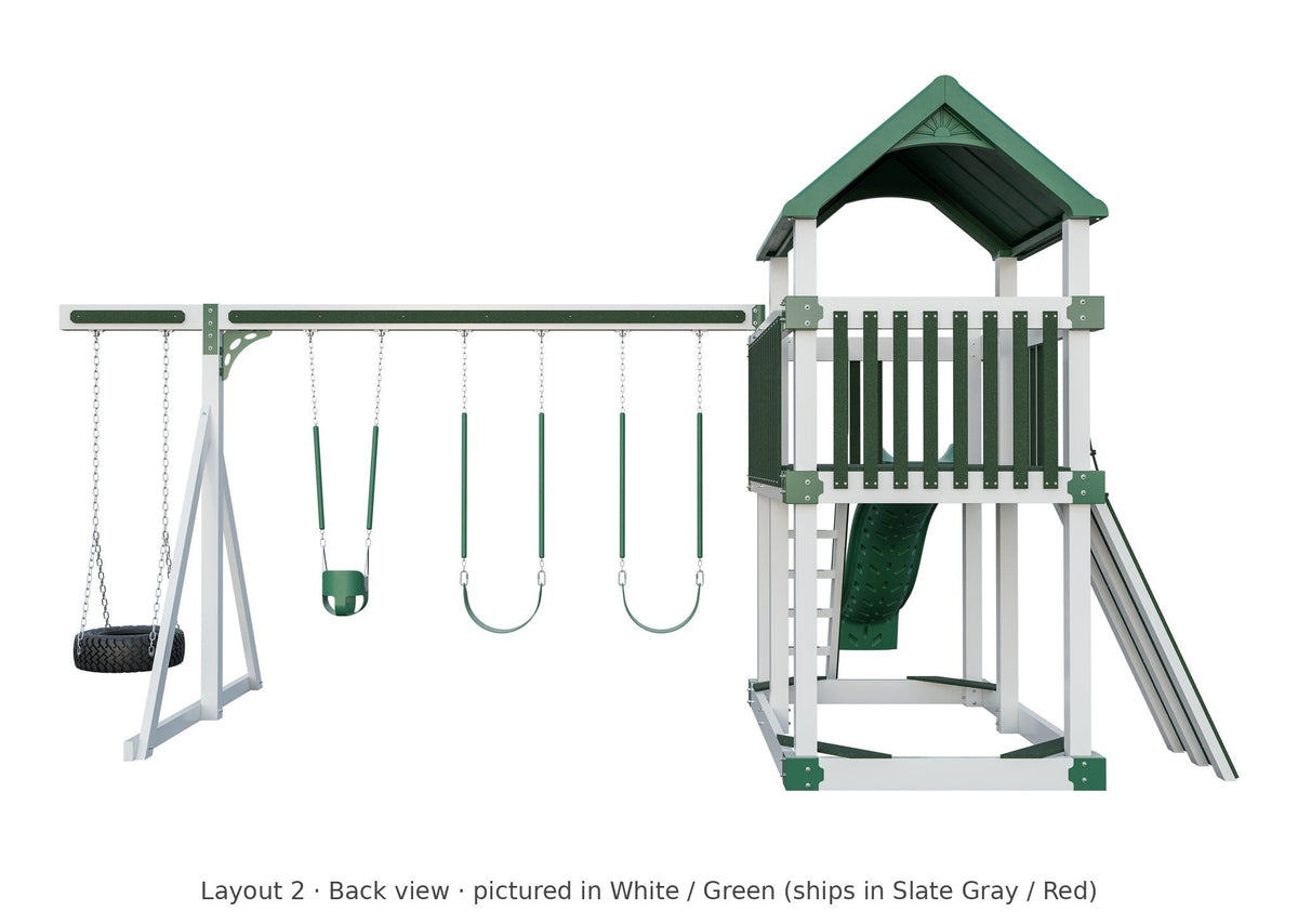 Amish Matterhorn Vinyl Playset & Swing Set Kit – Layout 2, back view (shown in White with Green accents)