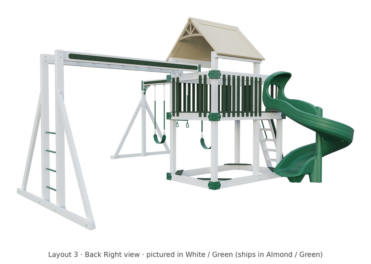 Amish Matterhorn Vinyl Playset & Swing Set Kit – Layout 3, back right view (shown in White with Green accents)
