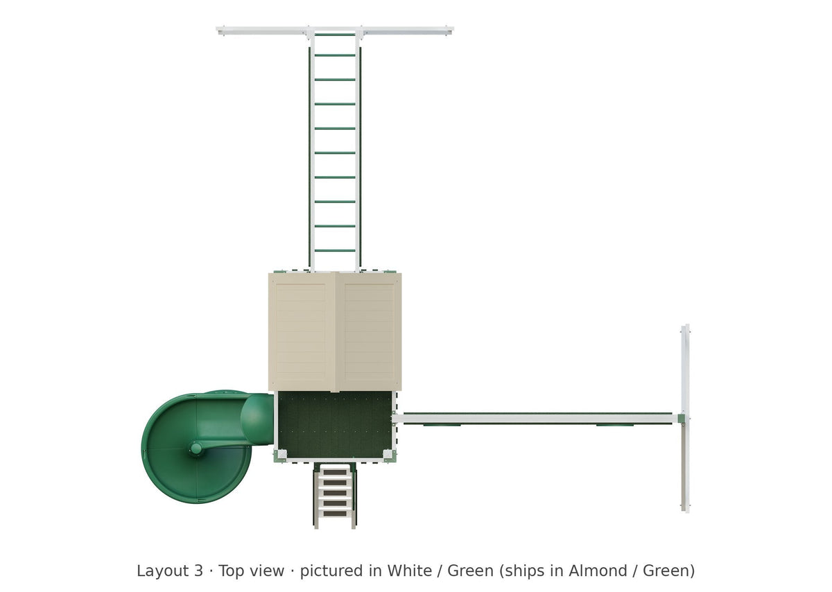 Amish Matterhorn Vinyl Playset & Swing Set Kit – Layout 3, top view (shown in White with Green accents)