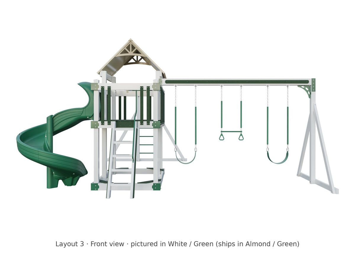 Amish Matterhorn Vinyl Playset & Swing Set Kit – Layout 3, front view (shown in White with Green accents)