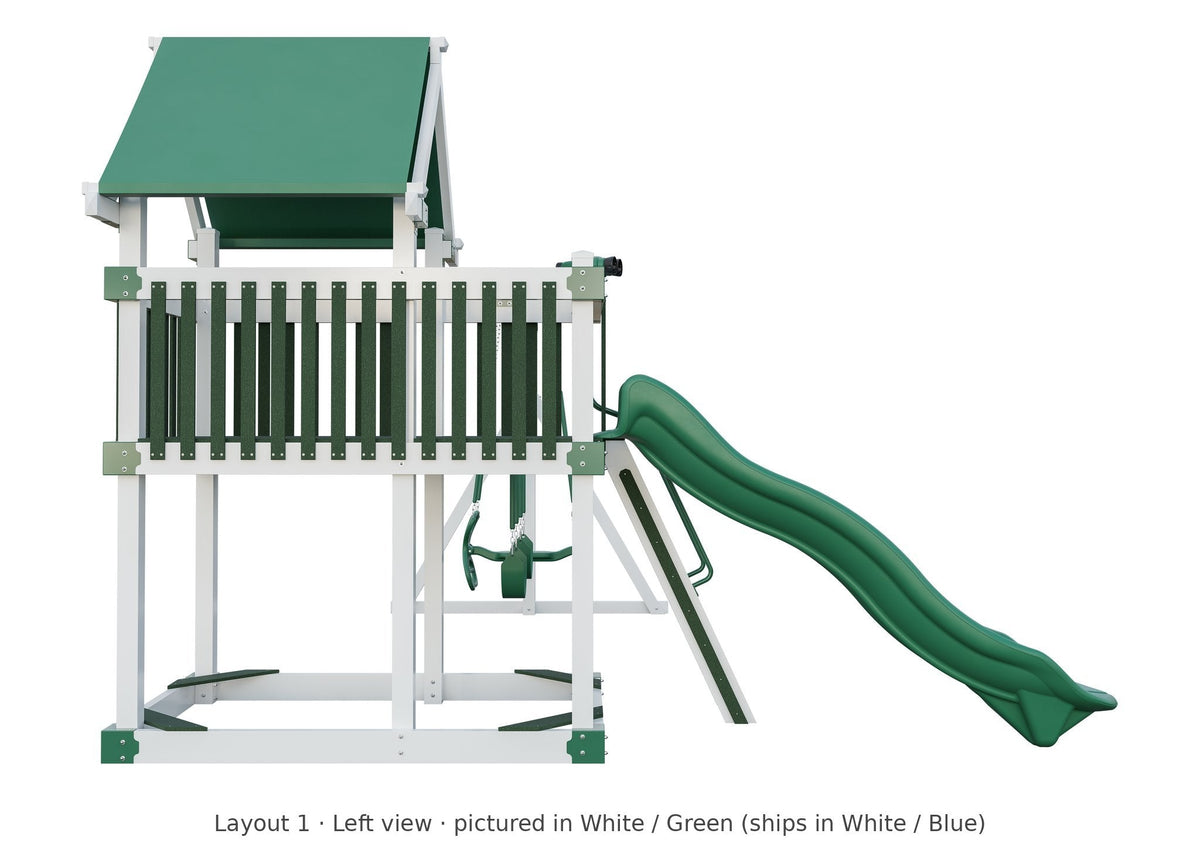 Amish Matterhorn Vinyl Playset & Swing Set Kit – Layout 1, left view (shown in White with Green accents)