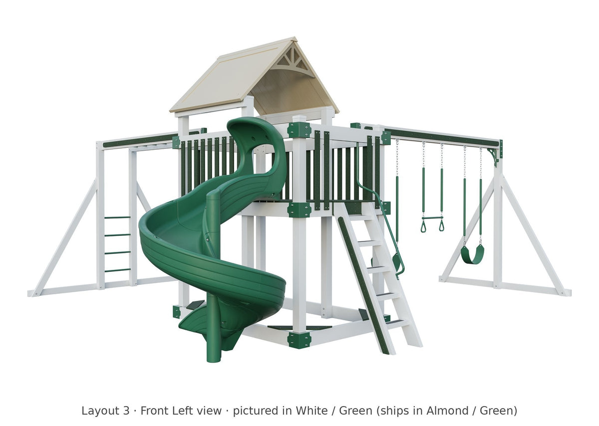 Amish Matterhorn Vinyl Playset & Swing Set Kit – Layout 3, front left view (shown in White with Green accents)