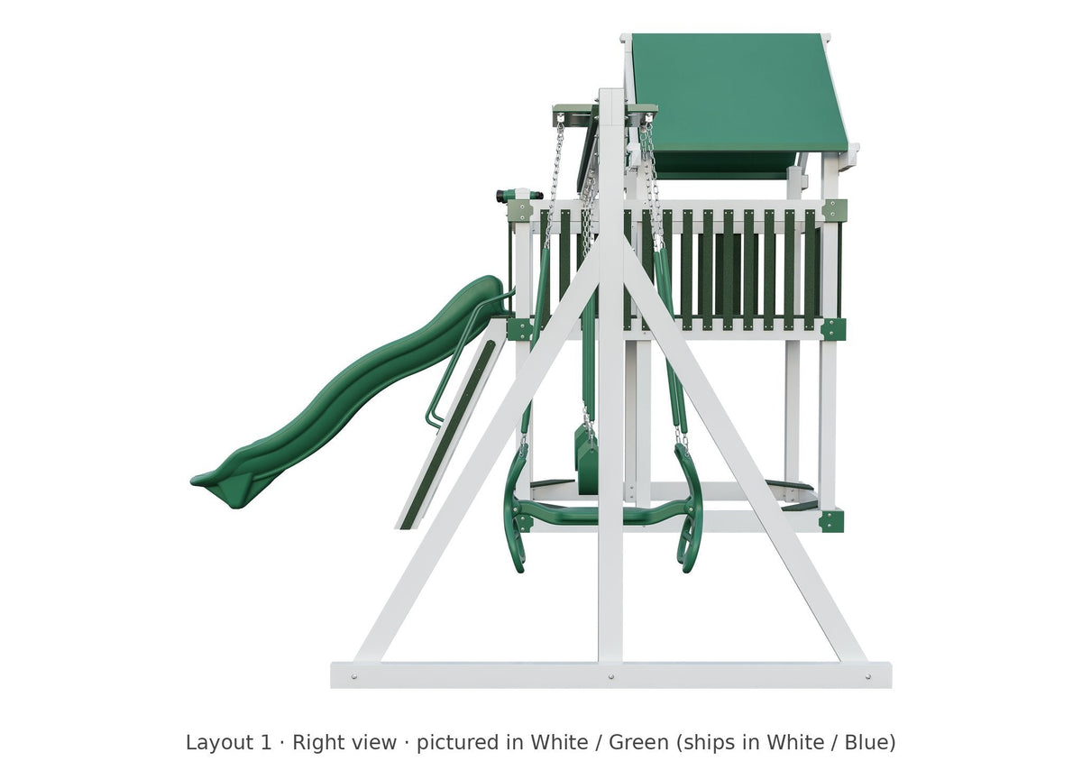 Amish Matterhorn Vinyl Playset & Swing Set Kit – Layout 1, right view (shown in White with Green accents)