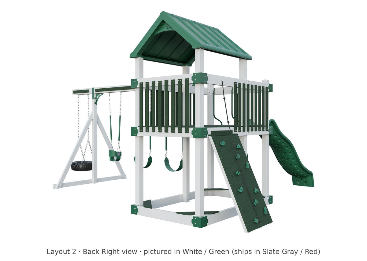 Amish Matterhorn Vinyl Playset & Swing Set Kit – Layout 2, back right view (shown in White with Green accents)