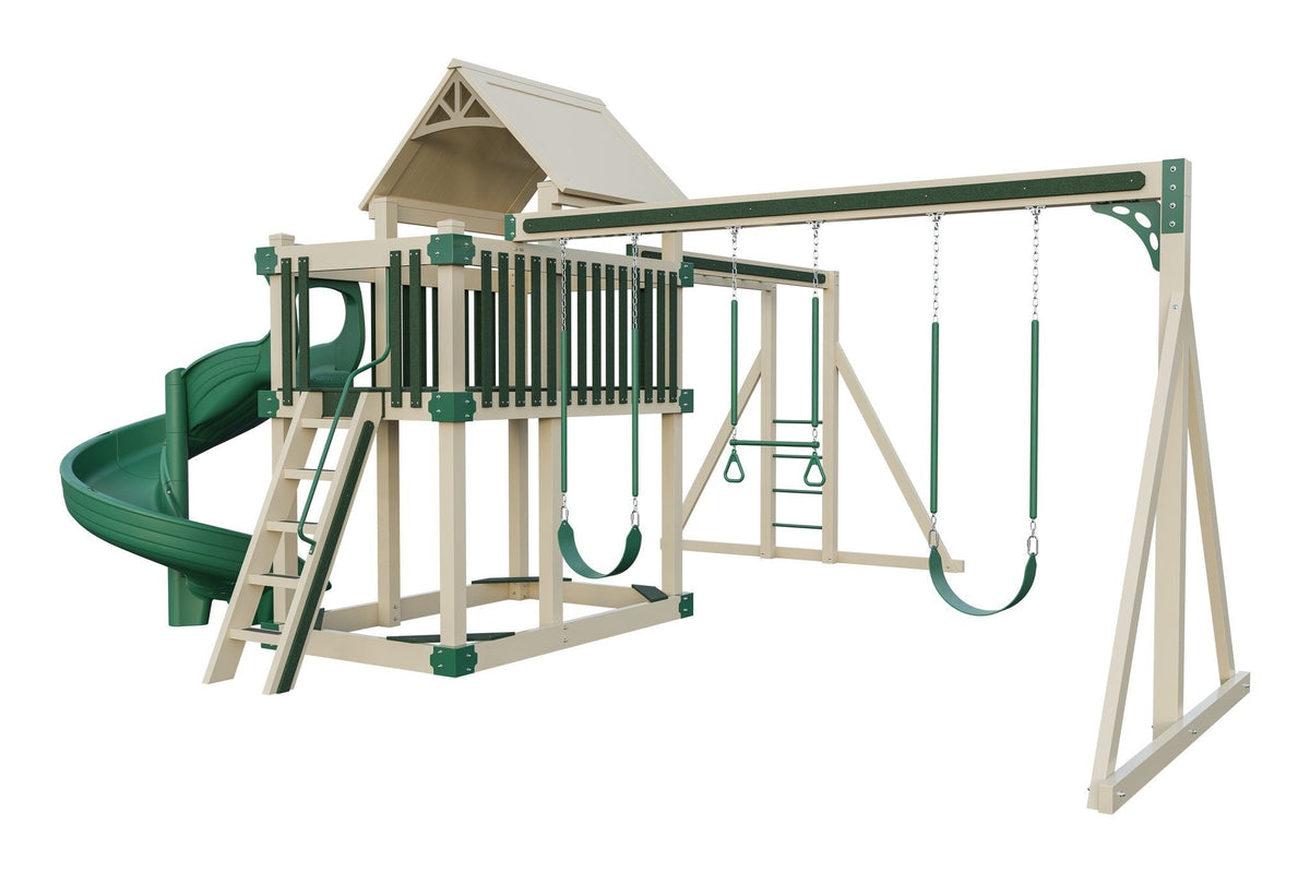 Amish Matterhorn Vinyl Playset & Swing Set Kit – Layout 3, Almond with Green accents