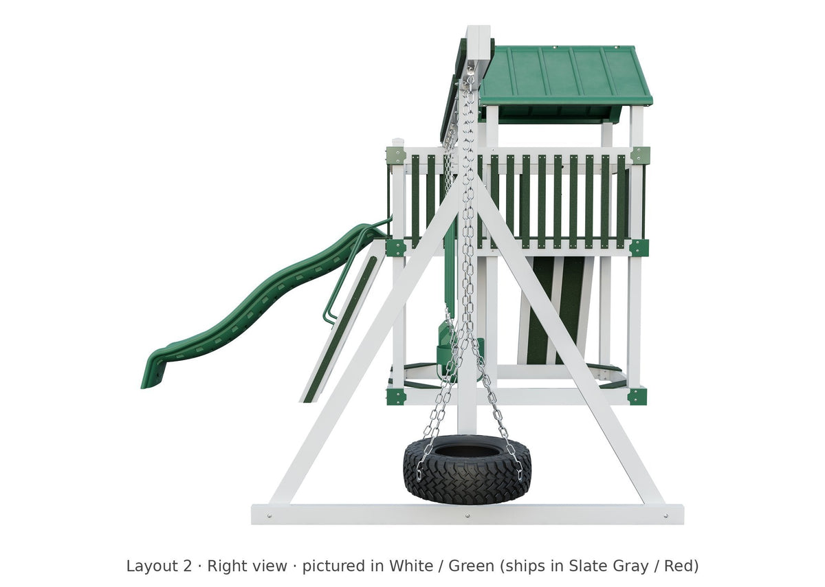 Amish Matterhorn Vinyl Playset & Swing Set Kit – Layout 2, right view (shown in White with Green accents)