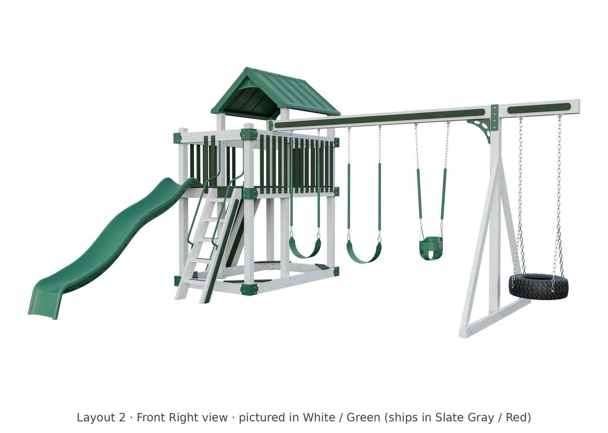 Amish Matterhorn Vinyl Playset & Swing Set Kit – Layout 2, front right view (shown in White with Green accents)