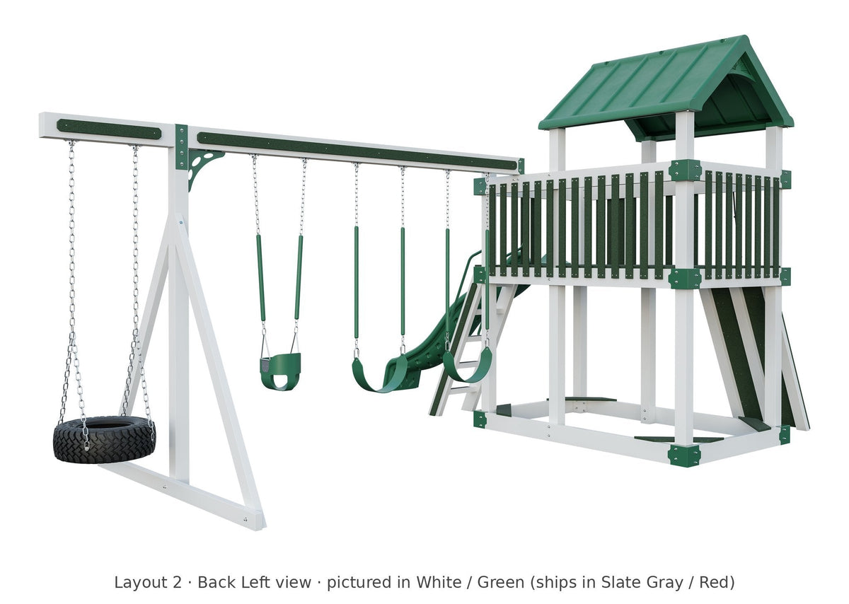 Amish Matterhorn Vinyl Playset & Swing Set Kit – Layout 2, back left view (shown in White with Green accents)