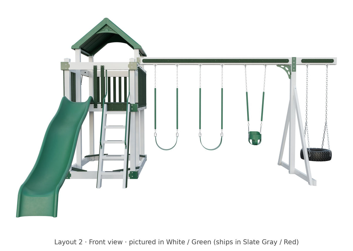 Amish Matterhorn Vinyl Playset & Swing Set Kit – Layout 2, front view (shown in White with Green accents)