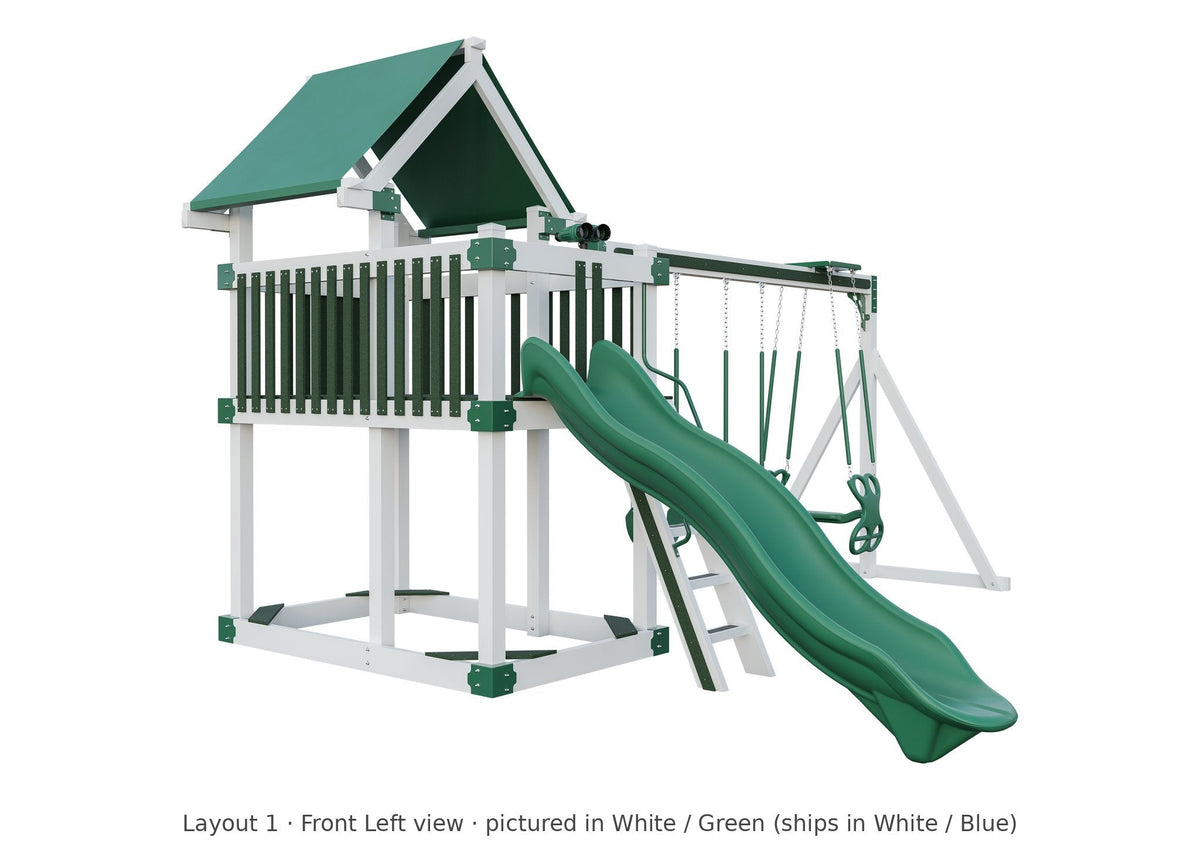 Amish Matterhorn Vinyl Playset & Swing Set Kit – Layout 1, front left view (shown in White with Green accents)