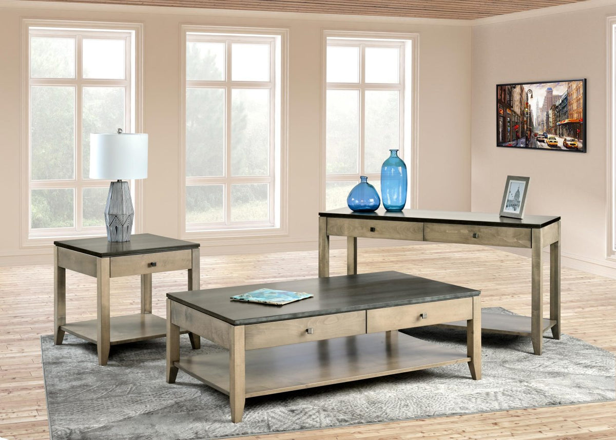 Four piece maple living room table set with gray tops and taupe bases including coffee, end and console tables