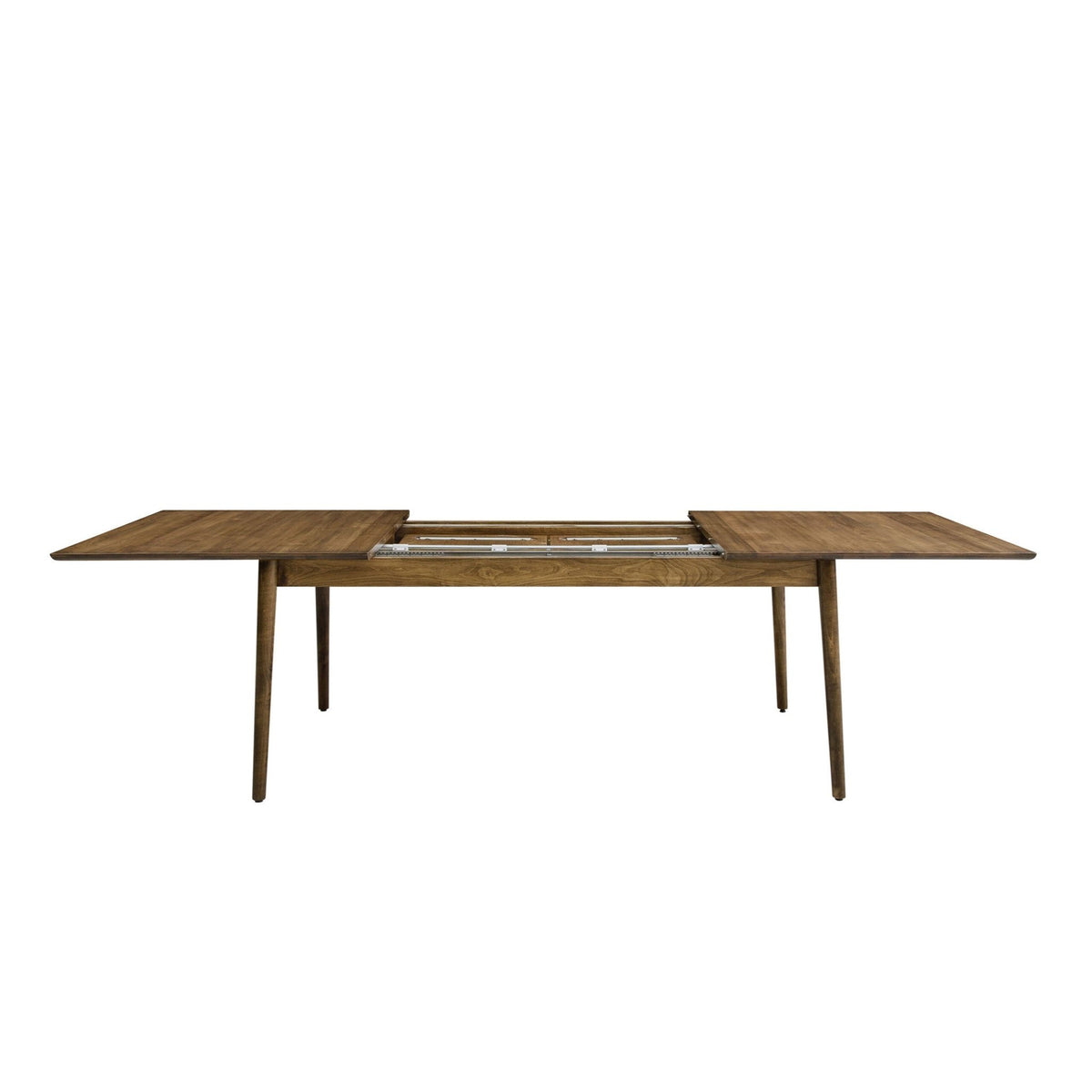 Expandable dining table opened to reveal the butterfly leaf storage and metal extension slides underneath