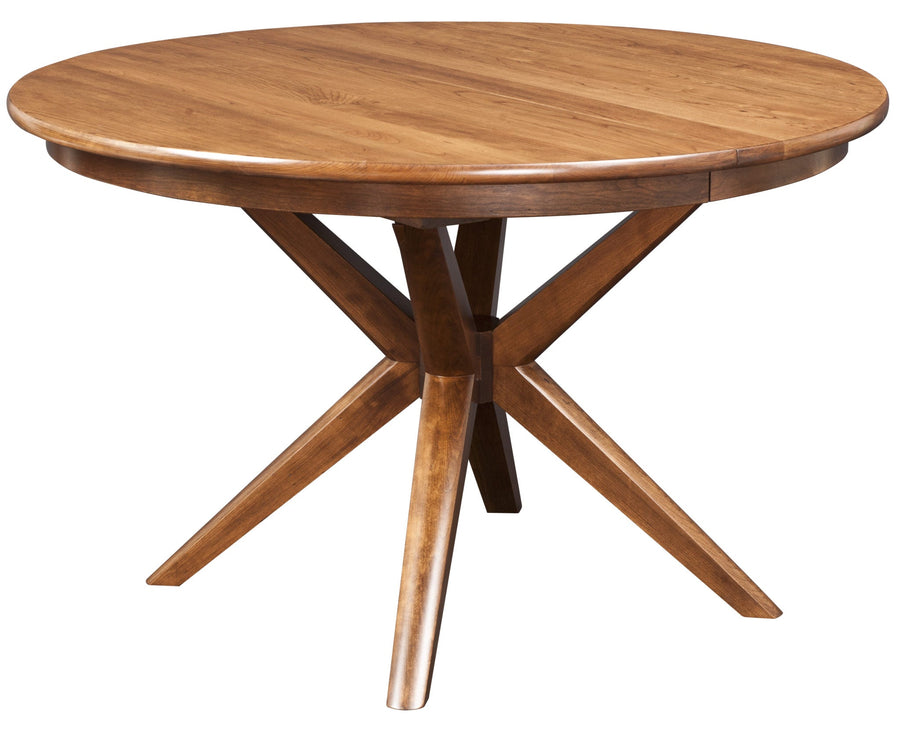 Round expandable dining table in warm walnut with a mid century crossed leg pedestal base on white