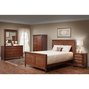 Cherry Milano bedroom set staged with panel bed, mirrored dresser, tall gentleman's chest and nightstand in a tan bedroom