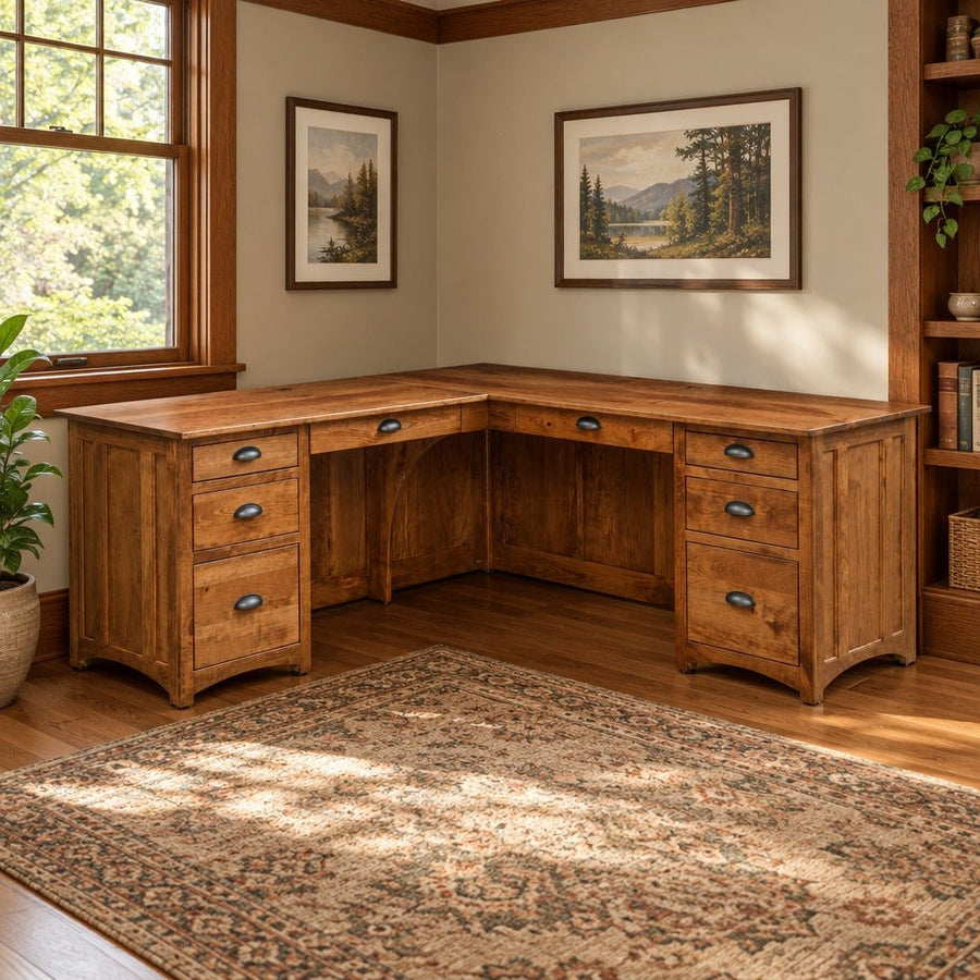 Amish Millersburg Mission Style Solid Wood 70" L-Shaped Desk with File Drawers