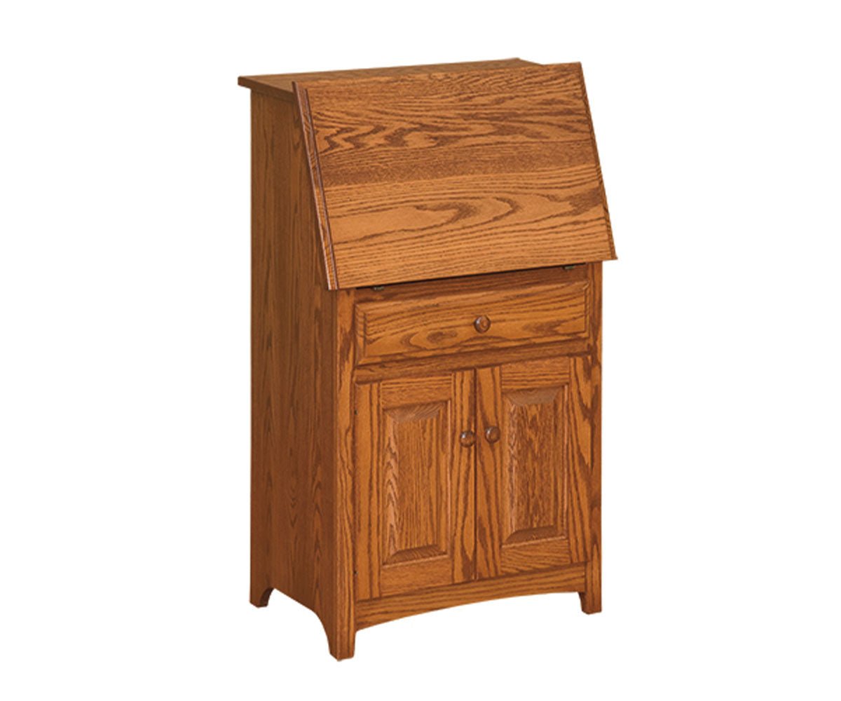 Oak mini secretary desk with a slanted drop front lid, one drawer and two raised panel doors below on white
