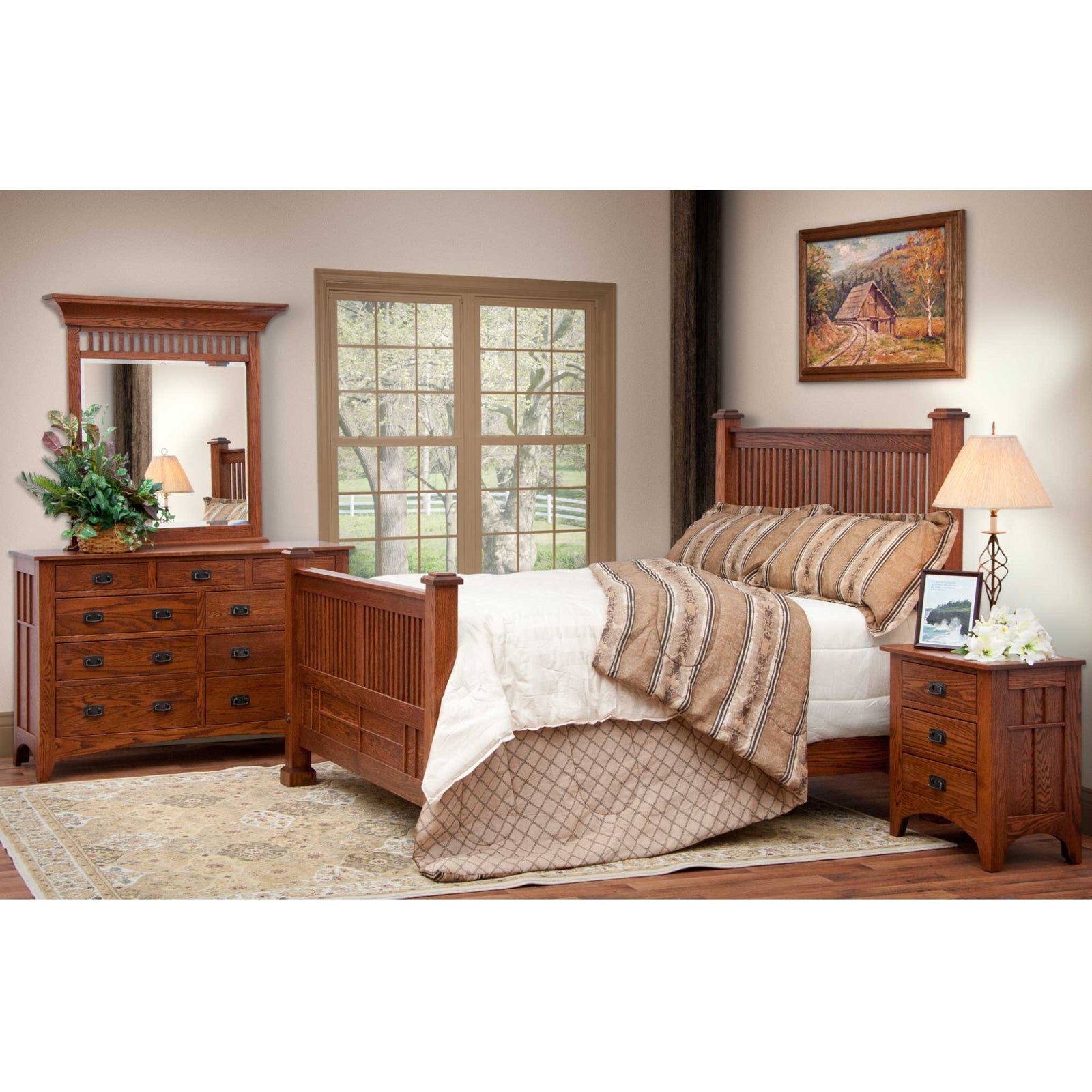 Mission oak bedroom set with slatted bed, matching nightstand and mirrored dresser in a warm styled bedroom