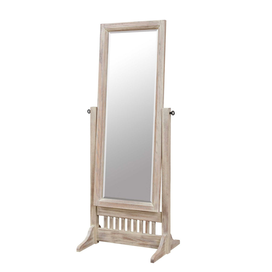 Mission cheval floor mirror in a whitewashed weathered finish with slatted lower rail and curved trestle feet