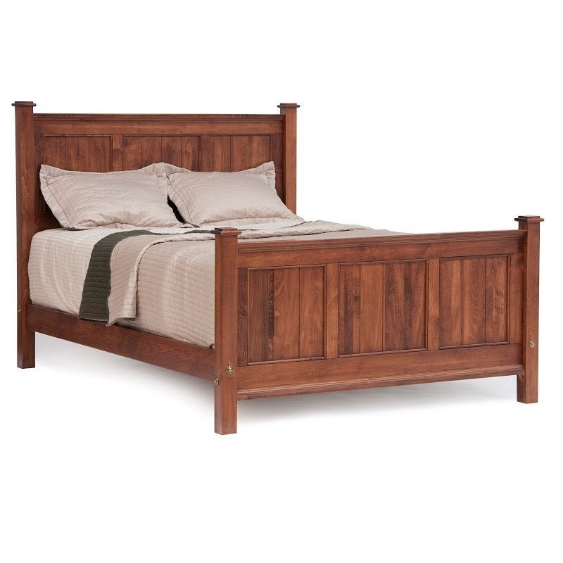 Cherry panel bed with a three-panel headboard and footboard, square posts and cream bedding, white background