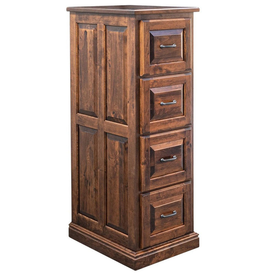 Tall four-drawer file cabinet in dark stained solid wood with raised panel sides and a molded plinth base
