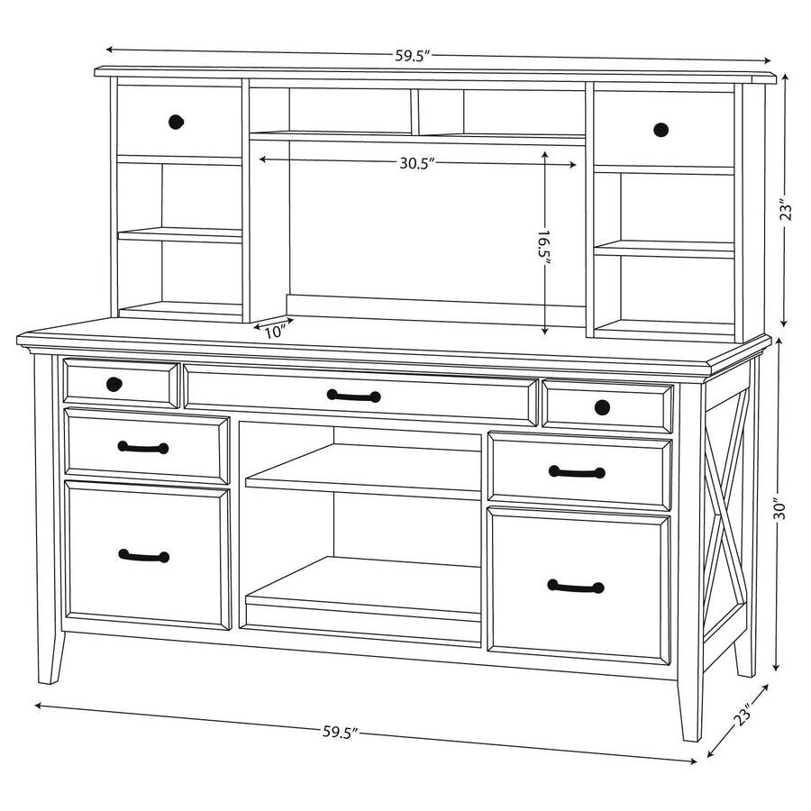 Dimension diagram of the desk with hutch: 59.5 inches wide, 23 deep, 30 tall and a 23 inch tall hutch