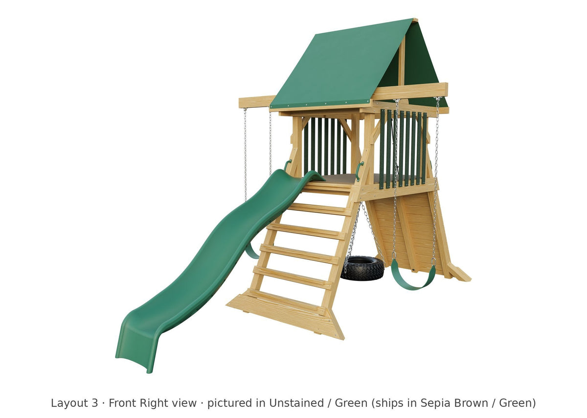 Amish Olympus Wooden Swing Set & Playset Kit – Layout 3, front right view (shown in Unstained with Green accents)