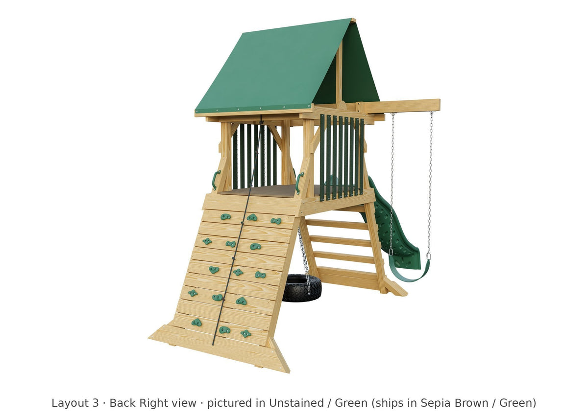 Amish Olympus Wooden Swing Set & Playset Kit – Layout 3, back right view (shown in Unstained with Green accents)