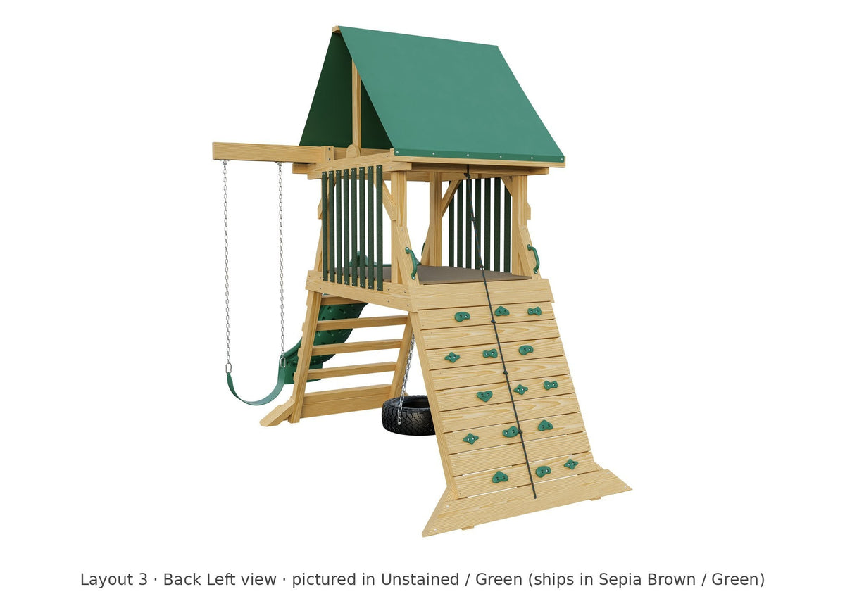 Amish Olympus Wooden Swing Set & Playset Kit – Layout 3, back left view (shown in Unstained with Green accents)