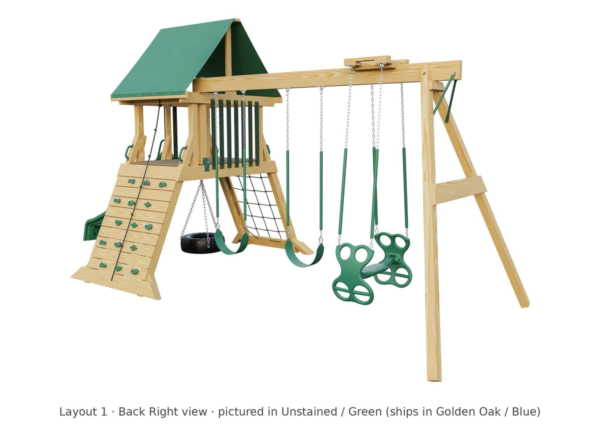 Amish Olympus Wooden Swing Set & Playset Kit – Layout 1, back right view (shown in Unstained with Green accents)
