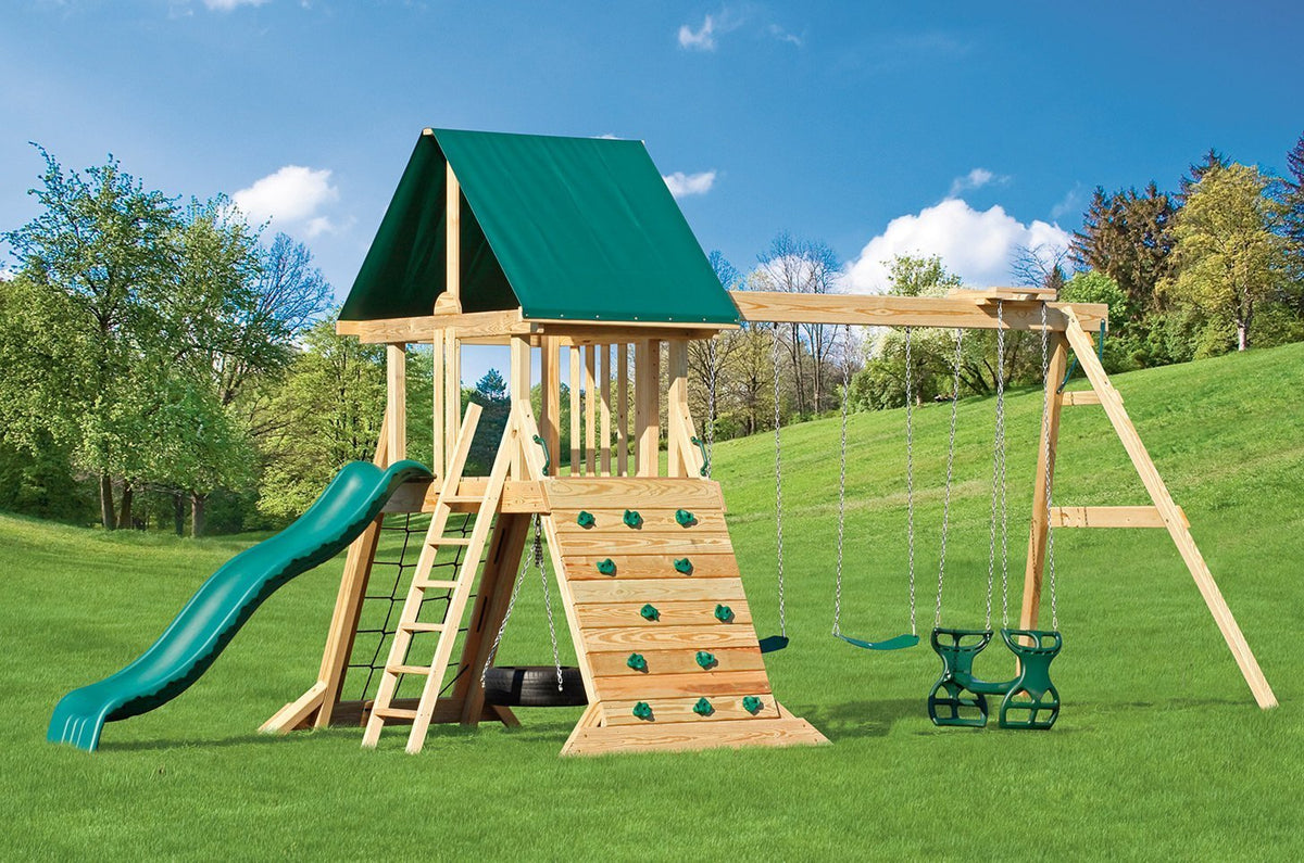 Olympus Wooden Swing Set & Playset Kit – real-world photo (configuration and colors may differ from the layouts offered)