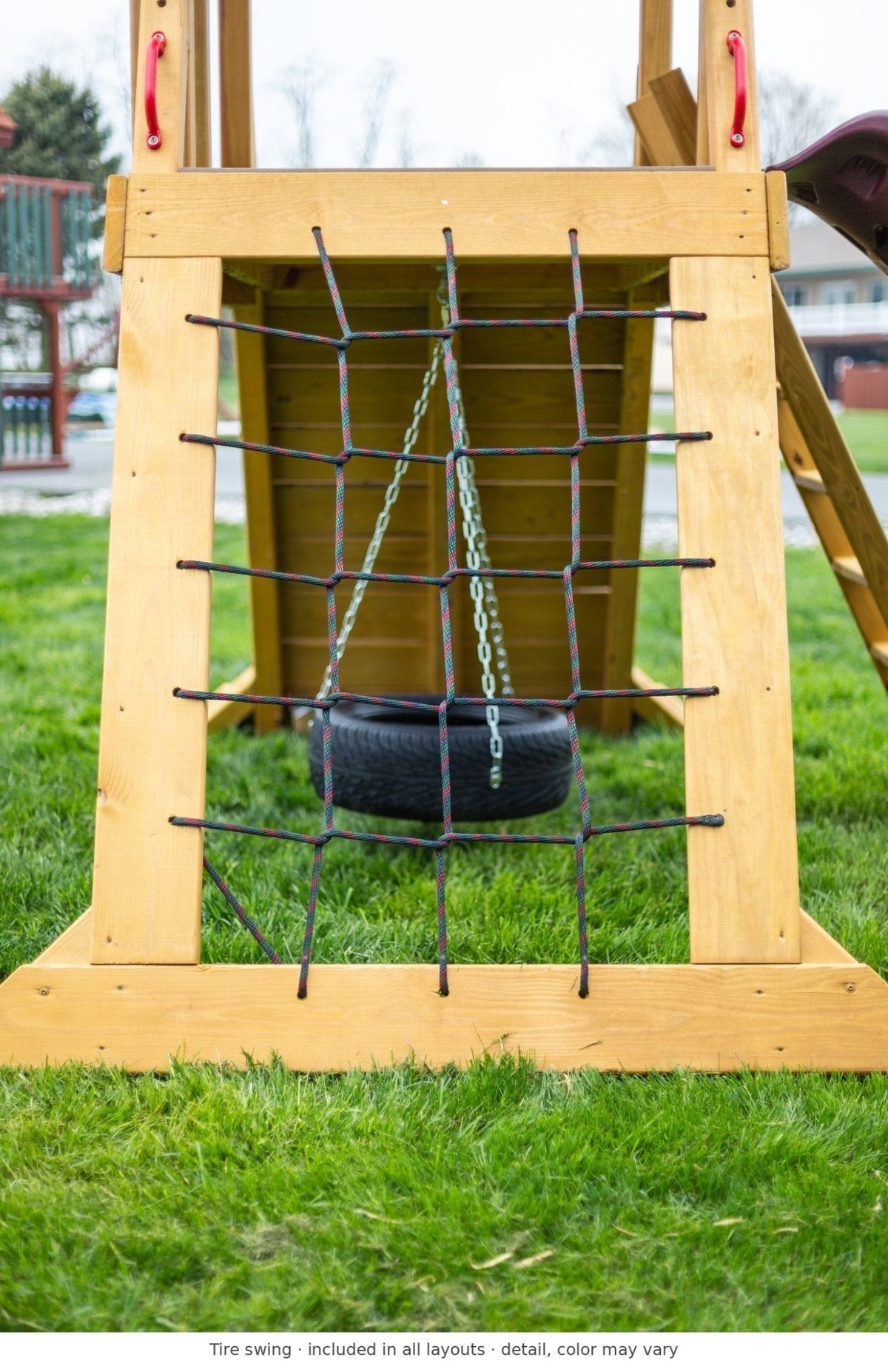 Tire swing detail – included in all layouts of the Olympus Wooden Swing Set & Playset Kit