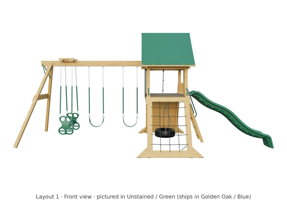 Amish Olympus Wooden Swing Set & Playset Kit – Layout 1, front view (shown in Unstained with Green accents)