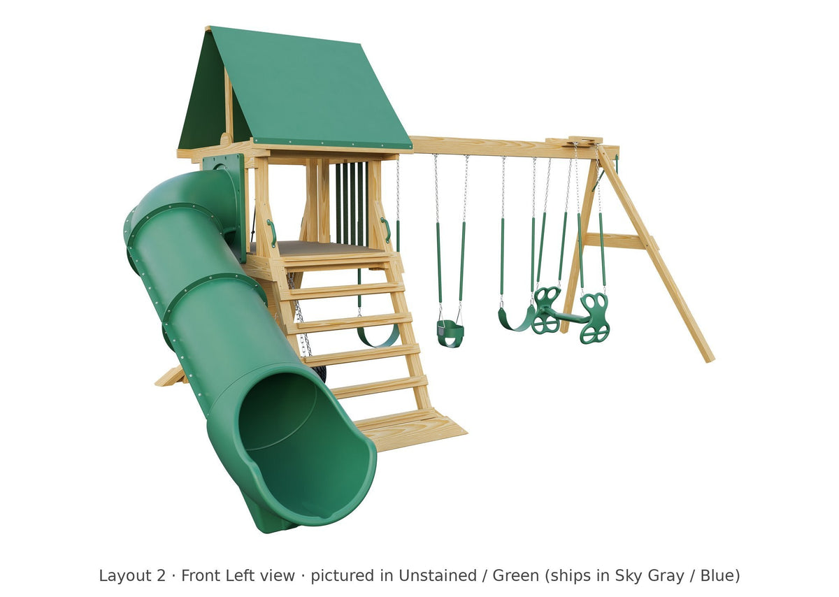 Amish Olympus Wooden Swing Set & Playset Kit – Layout 2, front left view (shown in Unstained with Green accents)