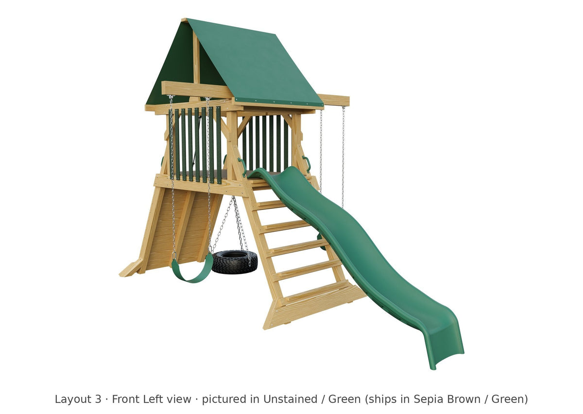 Amish Olympus Wooden Swing Set & Playset Kit – Layout 3, front left view (shown in Unstained with Green accents)