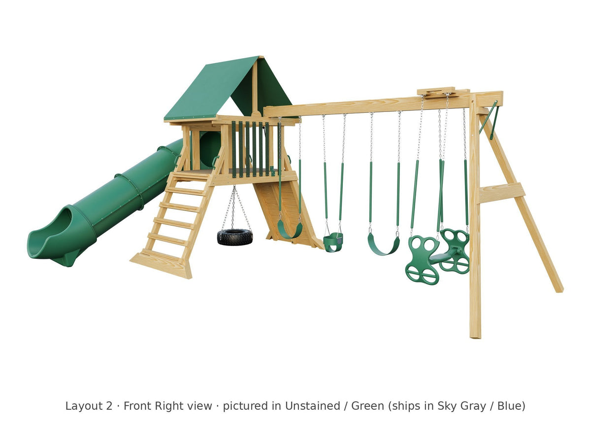 Amish Olympus Wooden Swing Set & Playset Kit – Layout 2, front right view (shown in Unstained with Green accents)