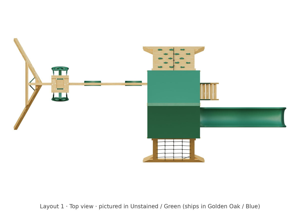 Amish Olympus Wooden Swing Set & Playset Kit – Layout 1, top view (shown in Unstained with Green accents)