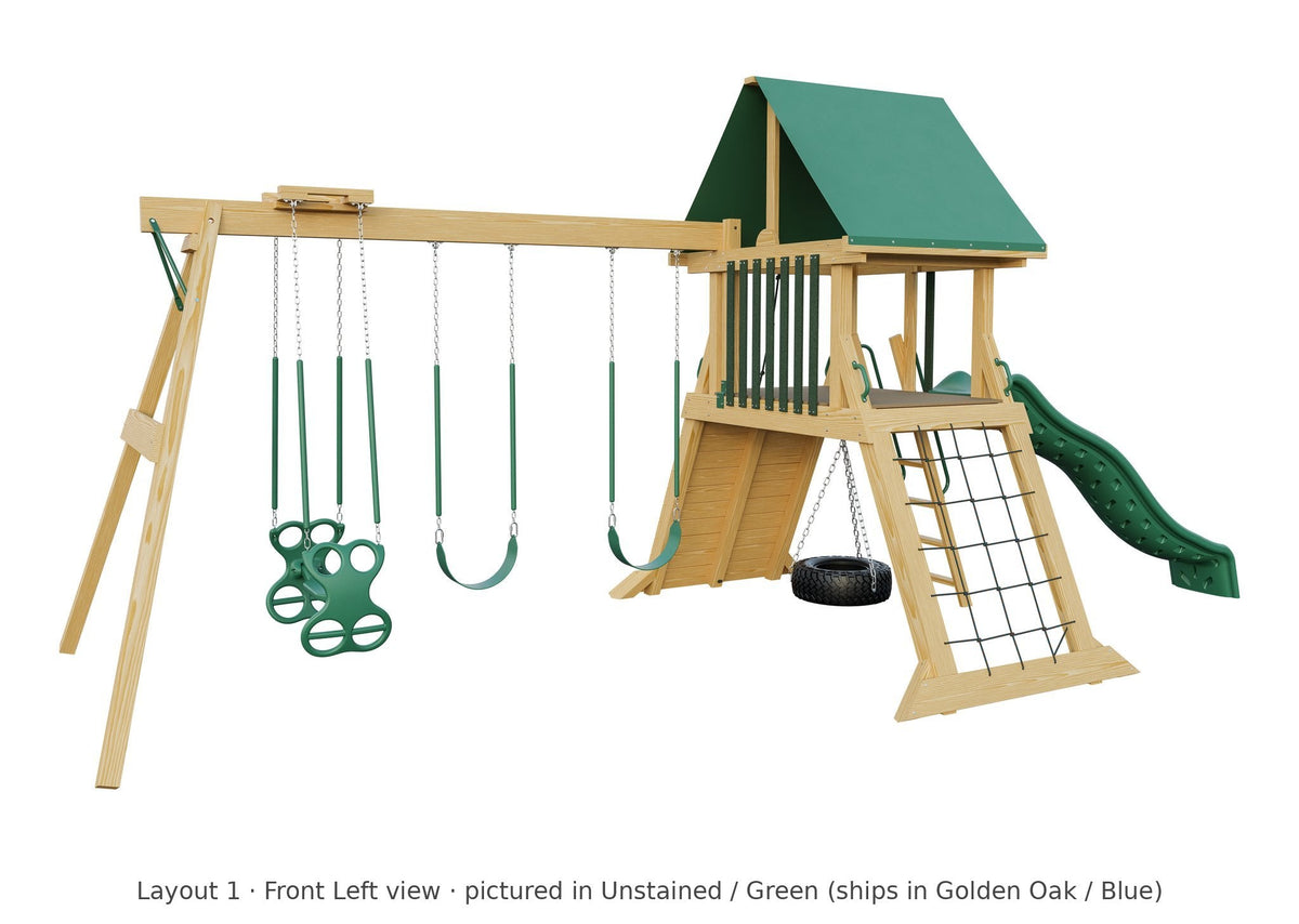 Amish Olympus Wooden Swing Set & Playset Kit – Layout 1, front left view (shown in Unstained with Green accents)