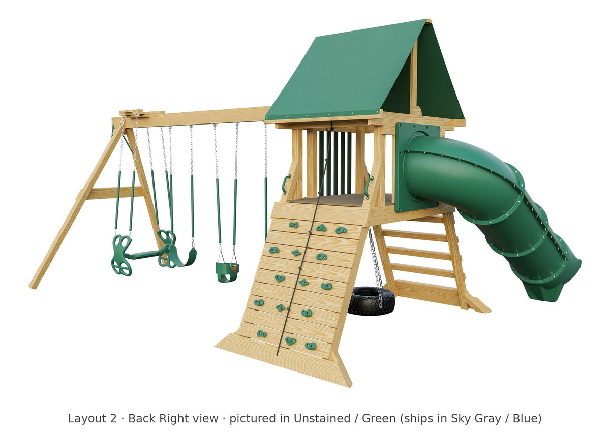 Amish Olympus Wooden Swing Set & Playset Kit – Layout 2, back right view (shown in Unstained with Green accents)