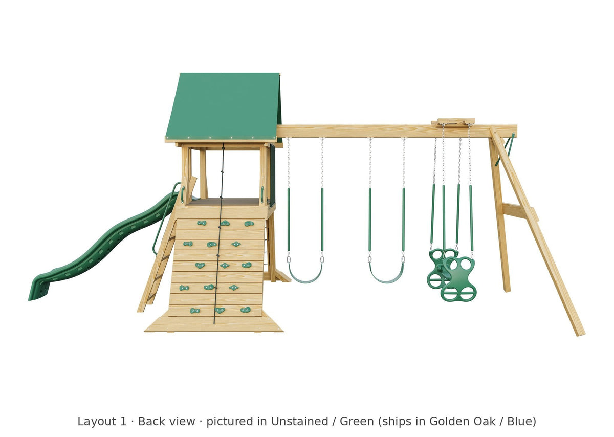 Amish Olympus Wooden Swing Set & Playset Kit – Layout 1, back view (shown in Unstained with Green accents)