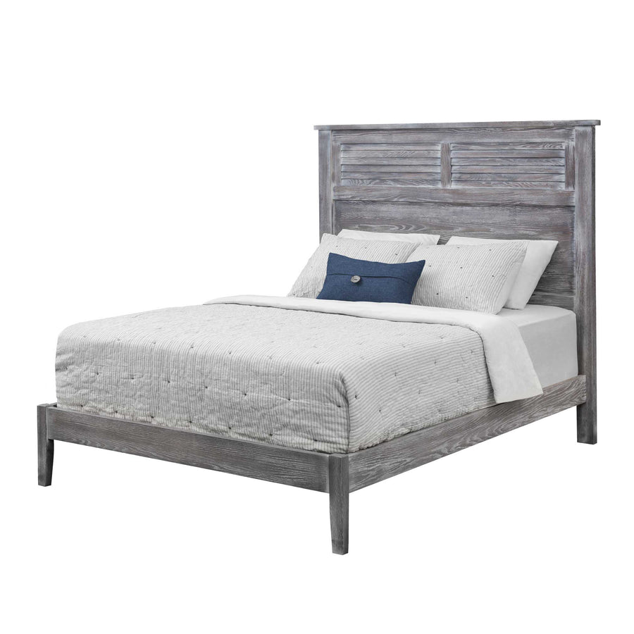 Gray washed louver panel bed with tall headboard, low rail footboard and striped bedding, white background