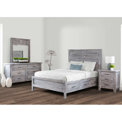 Weathered gray bedroom set with louver panel storage bed, six-drawer dresser with mirror and nightstand