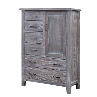 Gentleman chest in gray oak with four small drawers, a raised panel door and two wide bottom drawers with black pulls