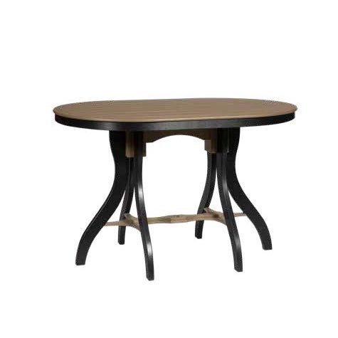 Oval poly bar height patio table with a weathered wood top and flared black legs, on white