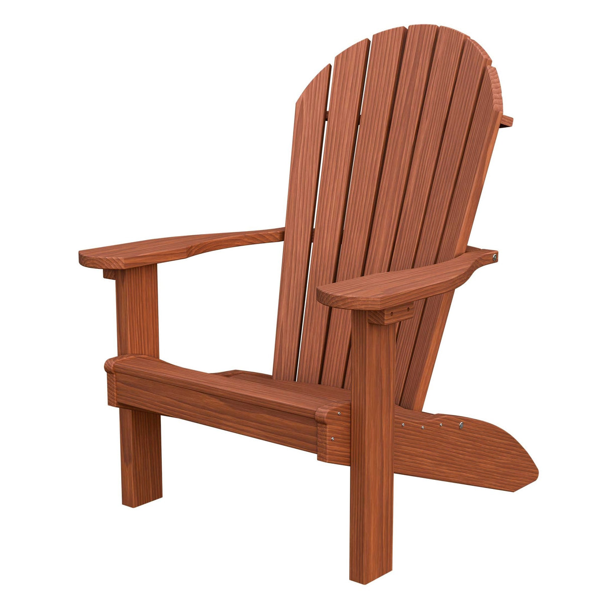 Adirondack patio chair in a warm red-brown stain showing curved fan back, wide armrests and angled legs