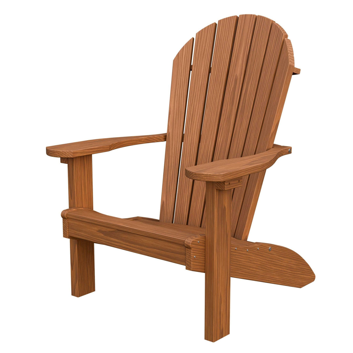 Wood Adirondack chair in a light oak stain with contoured slat back, wide flat arms and sloped seat